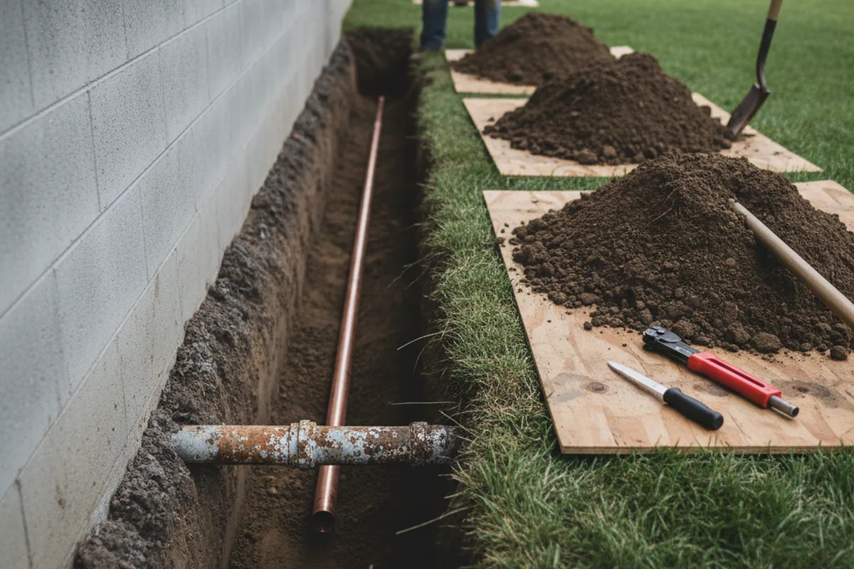 Excavated water line trench during Sewer Line Repair in Burnt Ranch